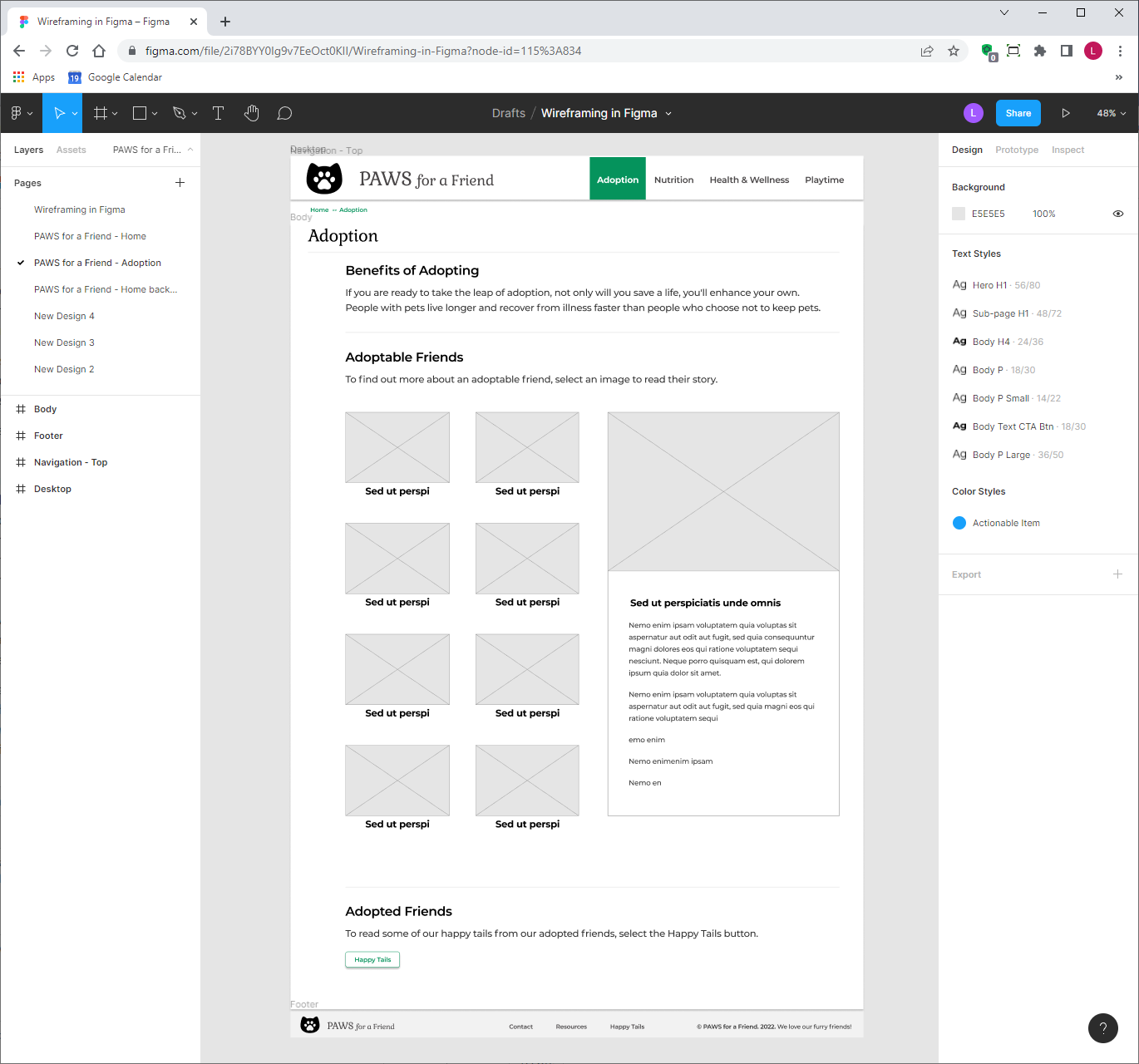 Adoption page wireframe for PAWS for a Friend website