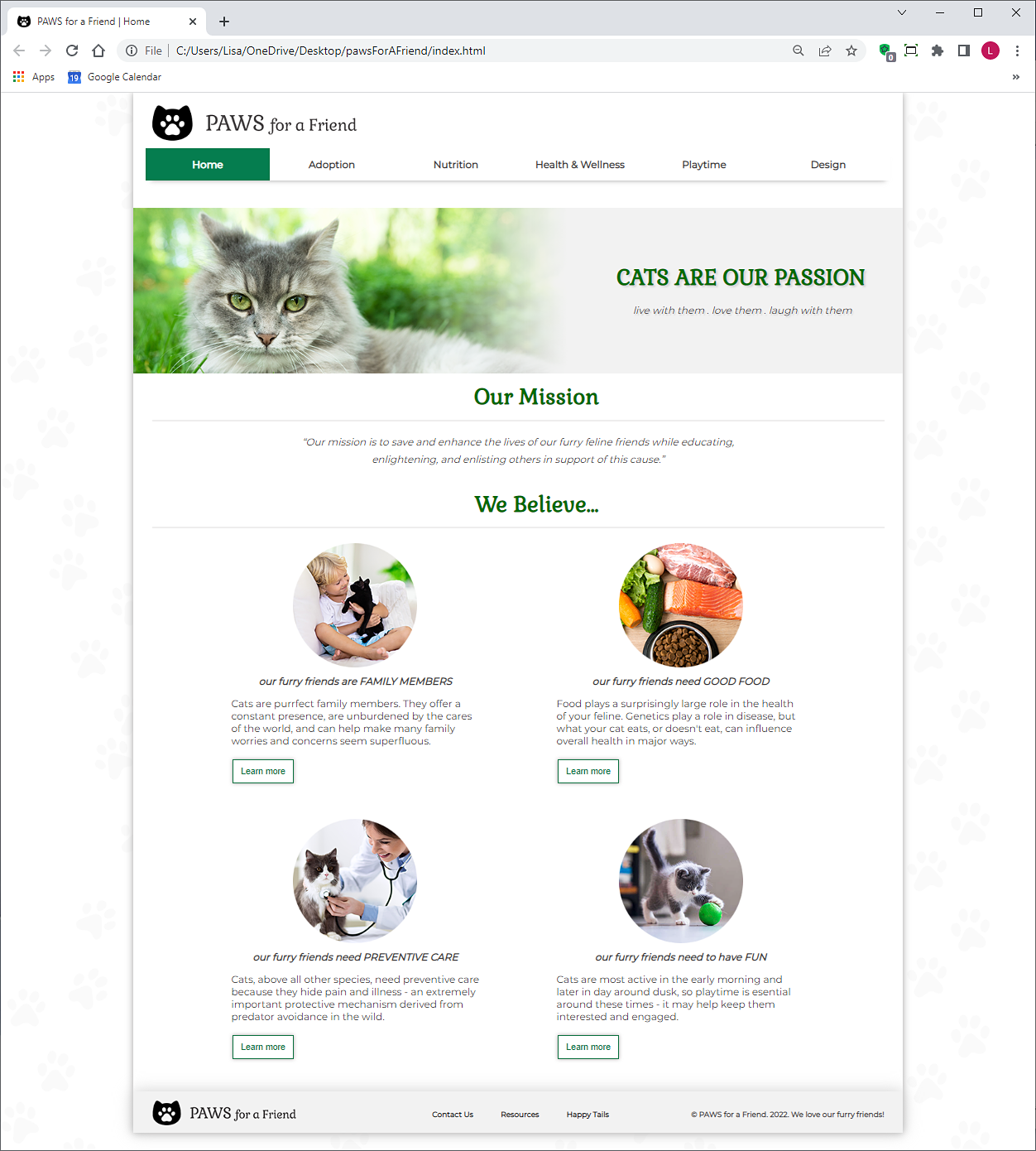 Homepage displayed in Chrome browser for PAWS for a Friend website