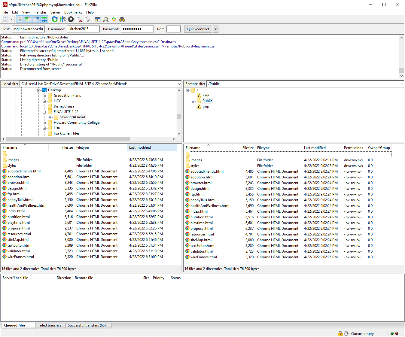 All PAWS for a Friend website files displayed in FileZilla Client uploaded to the HCC Server
