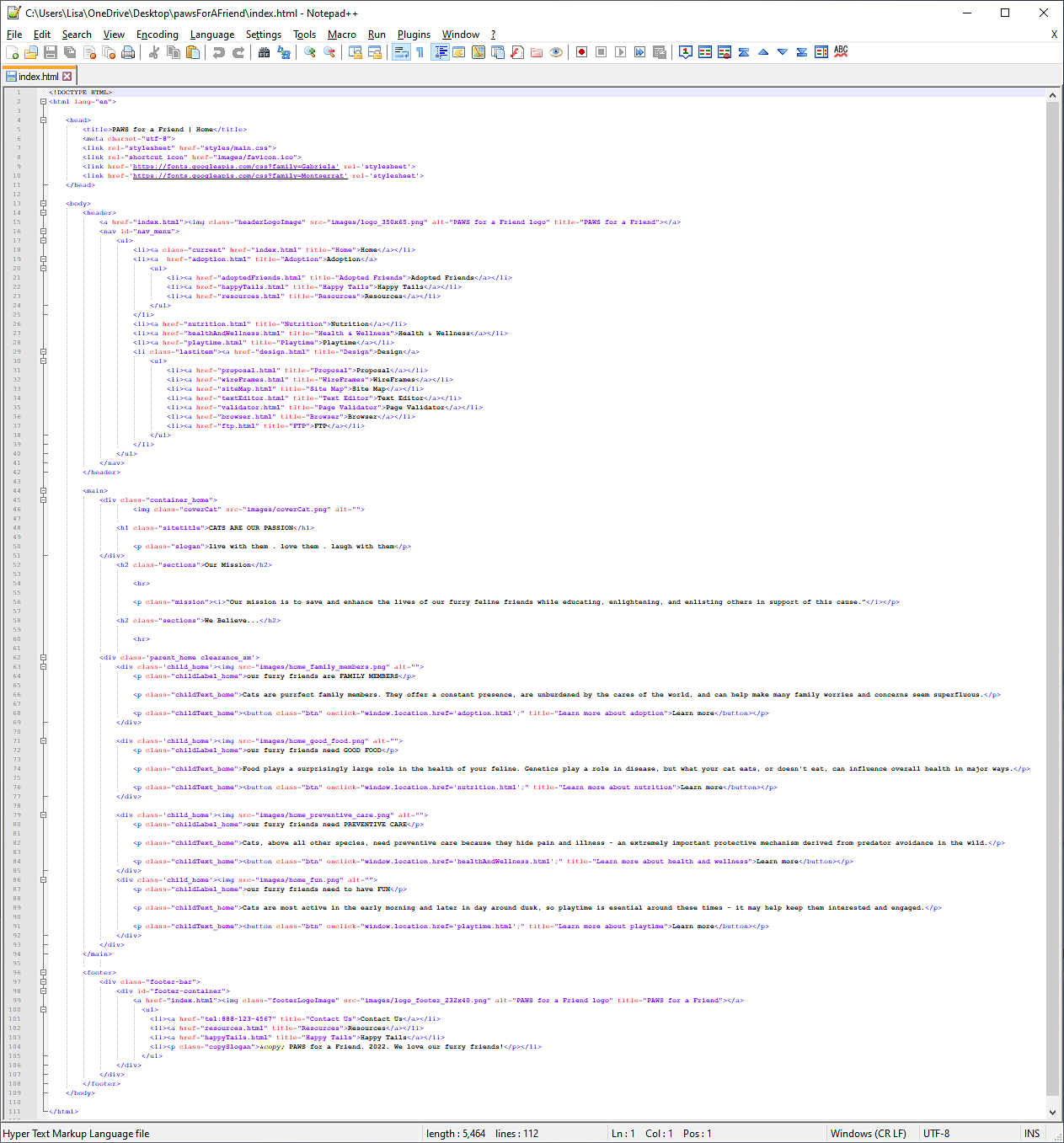 Homepage displayed in Notepad++ text editor for PAWS for a Friend website
