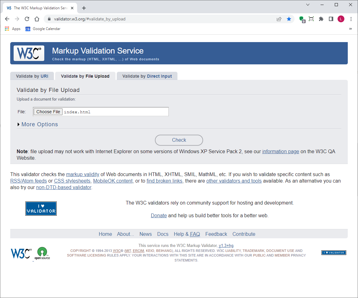 Homepage (index.html) displayed in W3C Markup Validation Service for PAWS for a Friend website