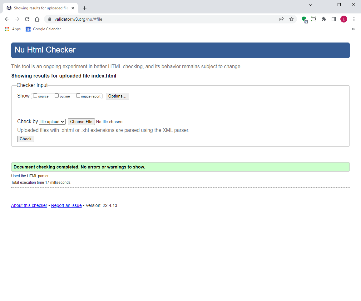 Homepage (index.html) showing file uploaded results in W3C Markup Validation Service for PAWS for a Friend website